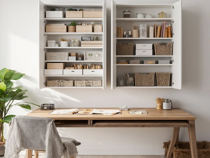 Craft organizer cabinet with table holding supplies and workspace