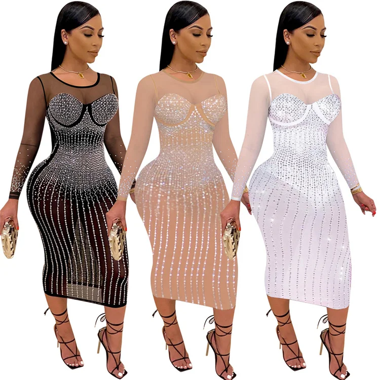 

LvCong Wholesale polyester diamante long sleeve women casual plus sizes ladies night club dresses