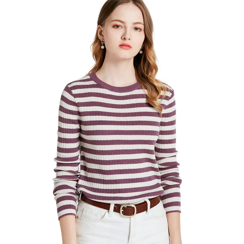 

Stripe Long sleeve Women sweater fall thin new Cultivate one's morality Contrast color knit Round collar top knitted sweater