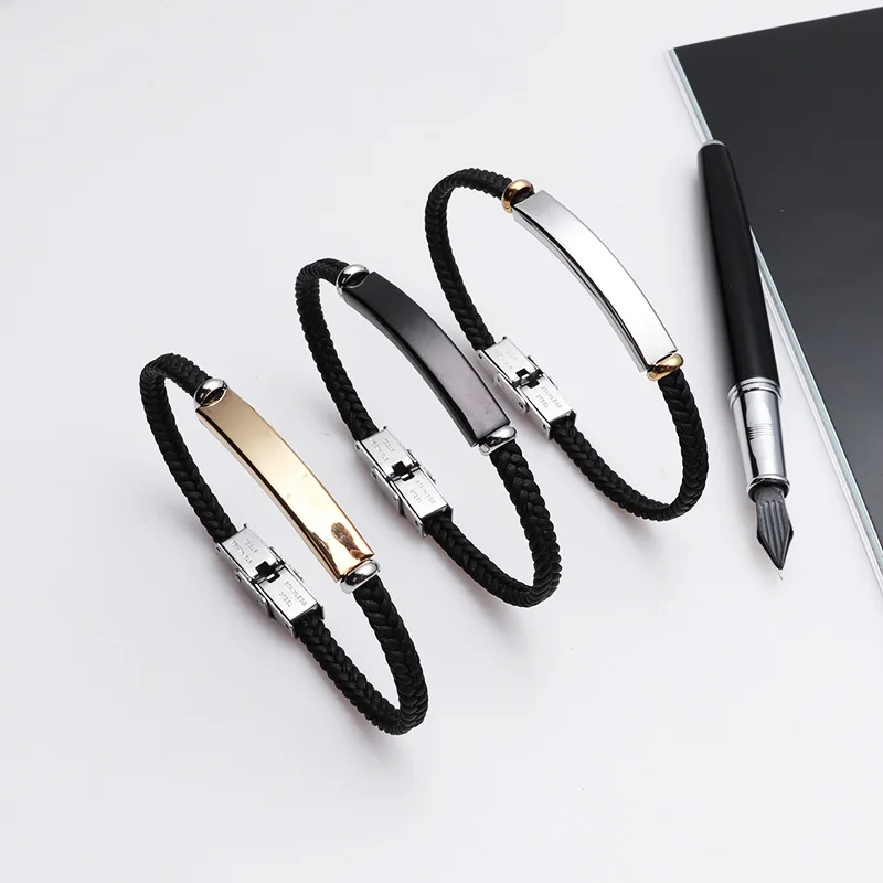 

Hot Selling Fashion Simple Customizable Couple Jewelry Gift Stainless Steel Woven Leather Bracelet, 3 colors,custom