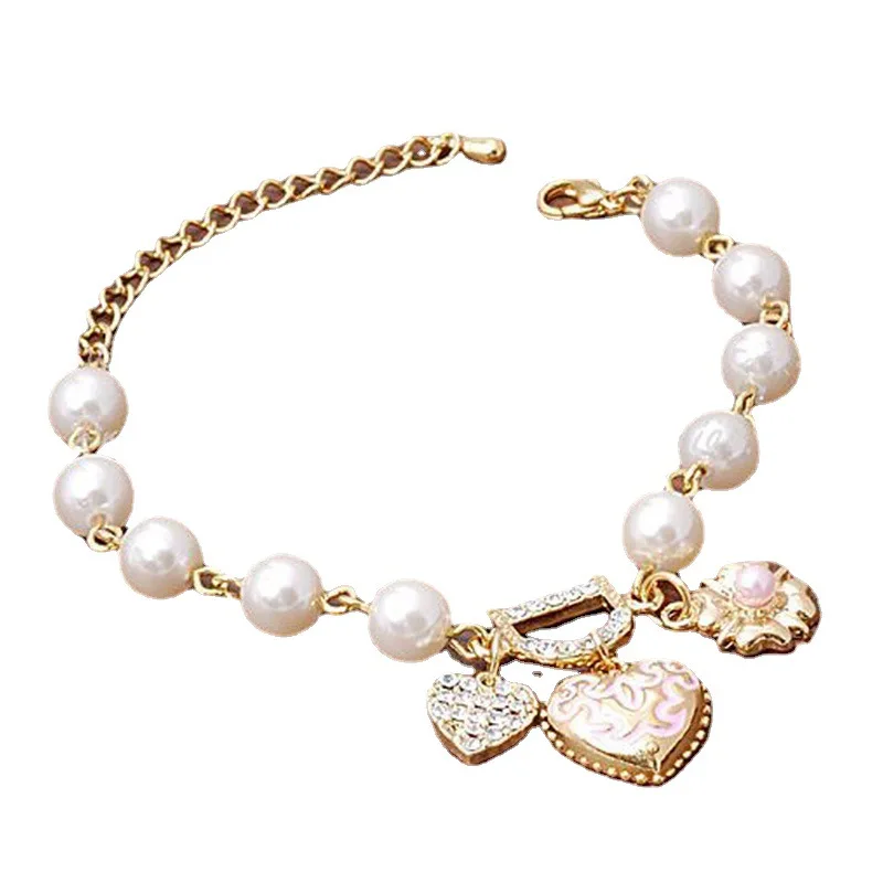 

Fashion Jewelry Peach Heart Flower Bracelet Korean Flash Diamond D Letter Pearl Bracelet Women