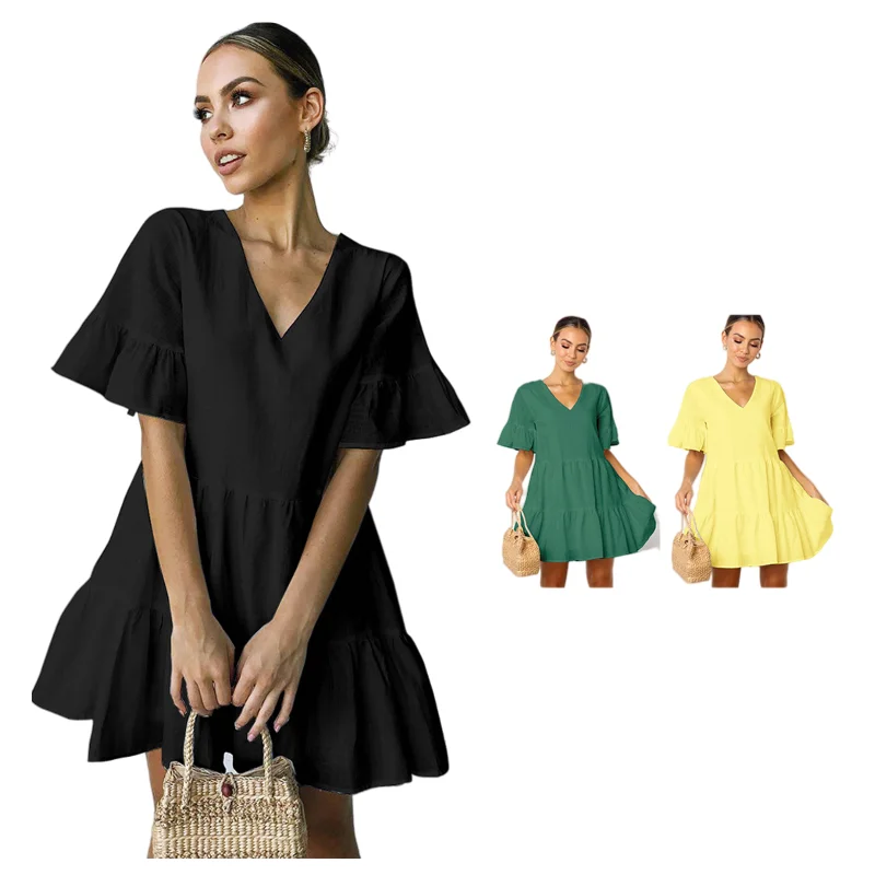 

2021 summer women's solid color V-neck short-sleeved pullover a-line dress