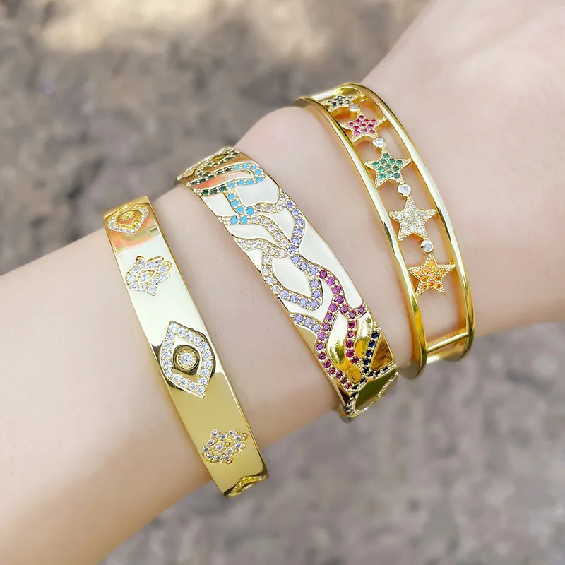 

High quality wide 18k gold plated custom cuff bracelet jewelry colorful cubic zircon star bracelet for women, 18k gold plating