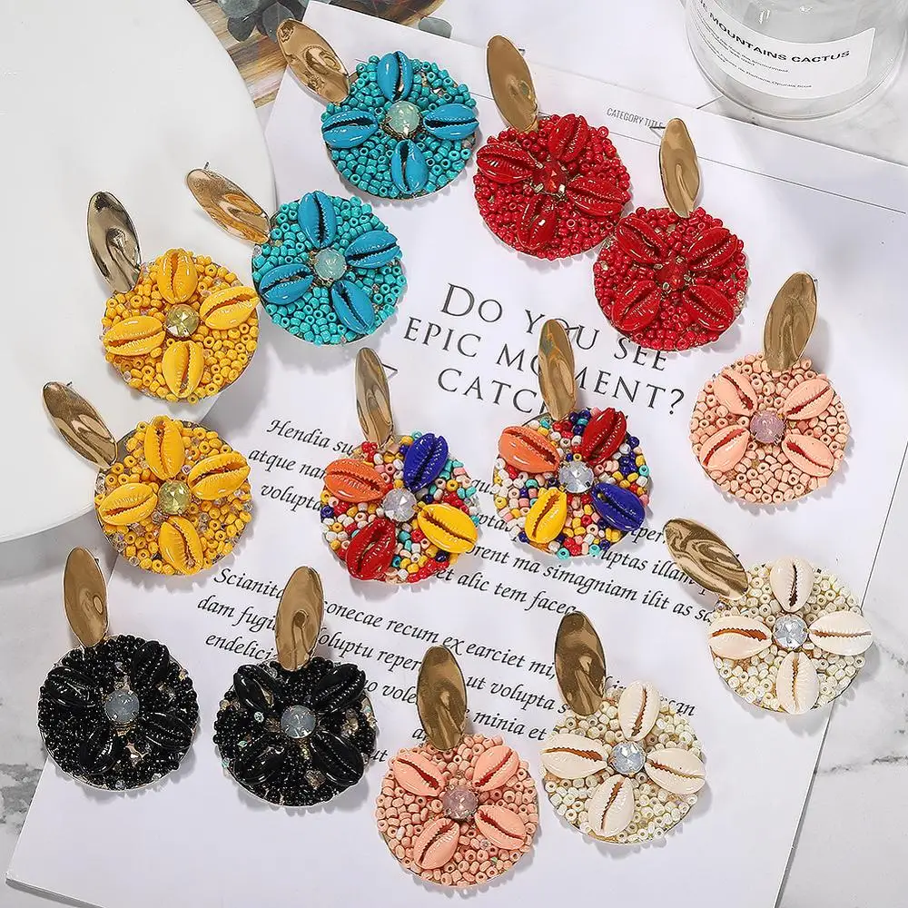 

Bohemian Round Shape Colorful Seed Bead Earrings Natural Cowrie Shell Earrings