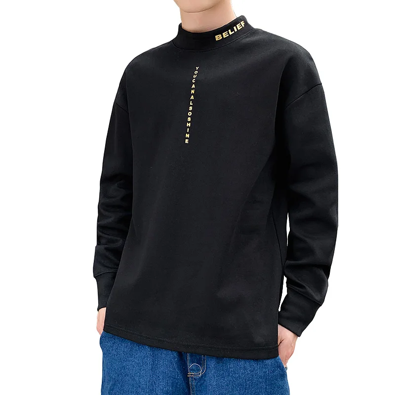 

Men's Street Trend Leisure Wear Fashion solid color long sleeve sweatshirt black O-Neck Letter Print Sports sweater tShirt