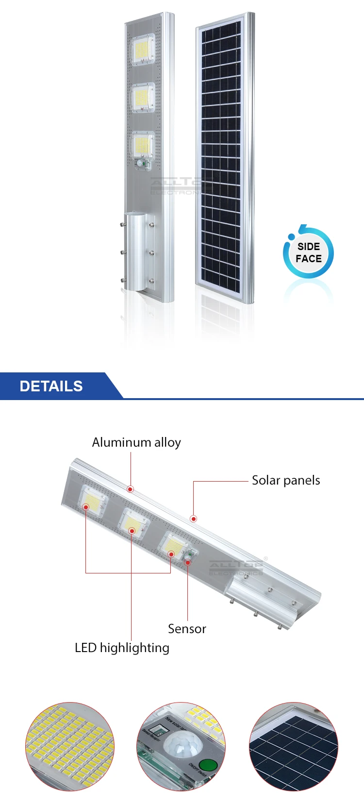 ALLTOP High quality die cast aluminum ip66 waterproof garden road 60 120 180 watt all in one led solar street light