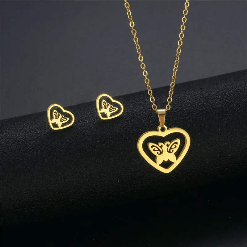 

Stainless Steel 18k Gold Plated Earrings Necklaces Sets Butterfly Love Bear Stud Earrings Necklaces Jewelry Sets For Women