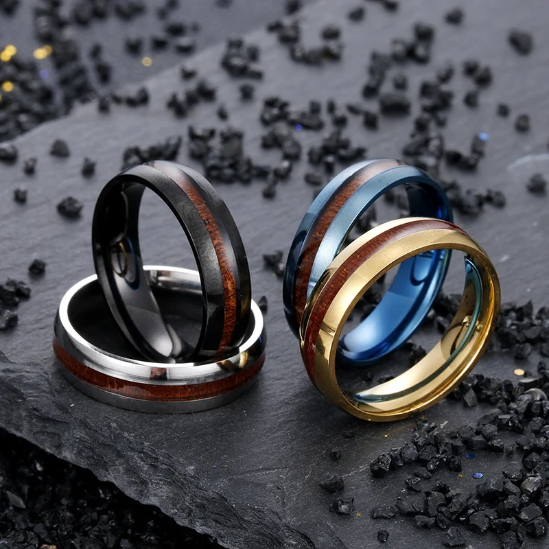 

6MM Stainless Steel inlay wood rings Tail Ring for mens Engagement Wedding bands, As show
