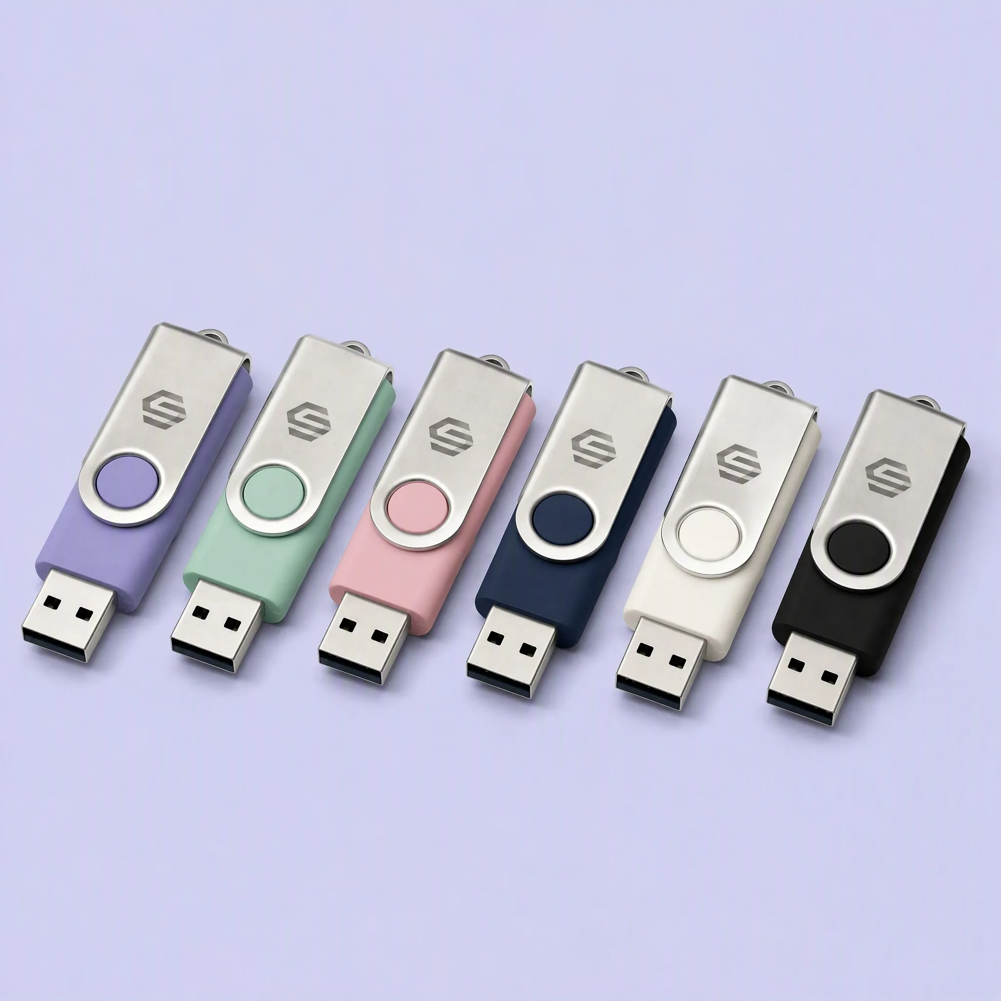 6-Color Lineup of Hexagon Geometric Swivel USB Flash Drives in Lavender, Mint, Pink, Navy, Ivory, and Black
