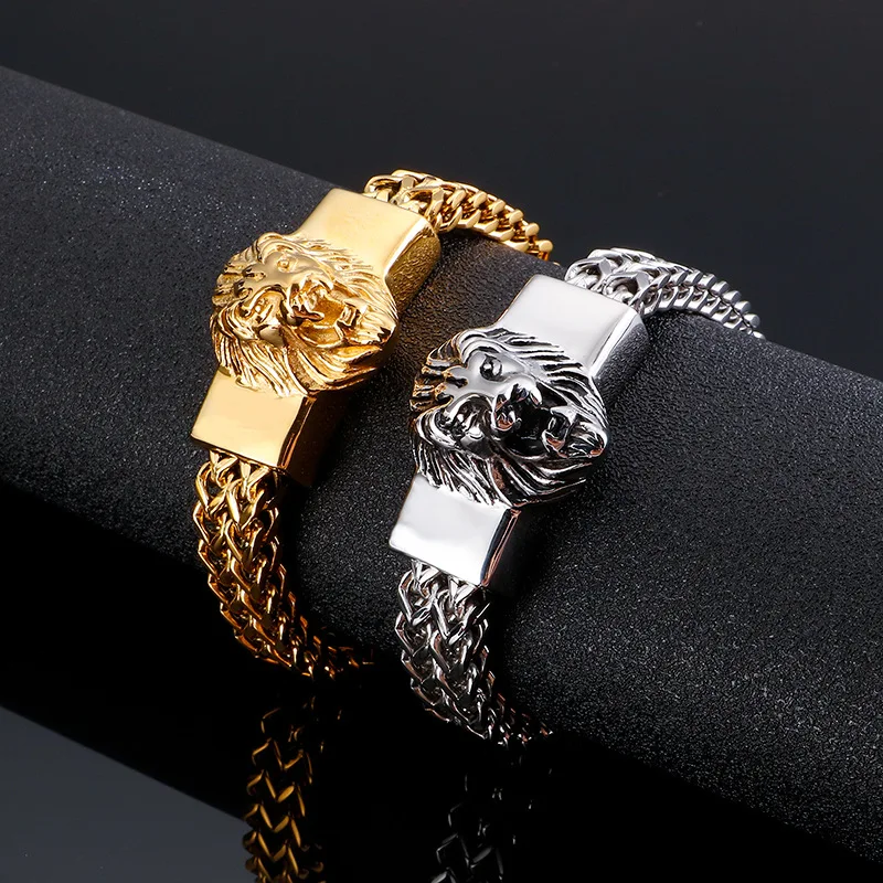 

Wholesale Men Stainless Steel Jewelry Source Retro Lion Head Titanium Steel Bracelet Statement Gold Plated Custom Logo