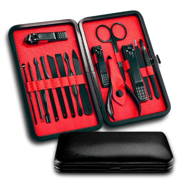 

High Quality Hot Sale Manicure Set Professional 15pcs Stainless Steel Facial Care Black Nail Titanium Manicure Set