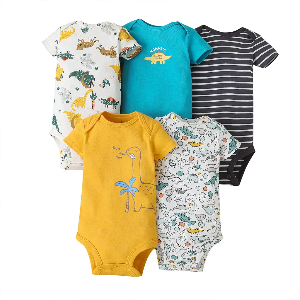 

Wholesale Baby Clothes Short Sleeve Printed Color Baby Jumpsuit Ribbed Newborn Rompers With Snap, As pictures