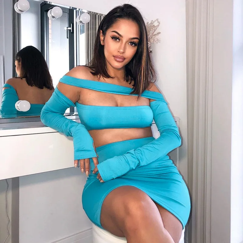 

Sexy Female Clubwear Sky Blue Slim Fit Off Shoulder Halter Backless Long Sleeve Tops Women Two Piece Set Skirt Conjunto De Falda