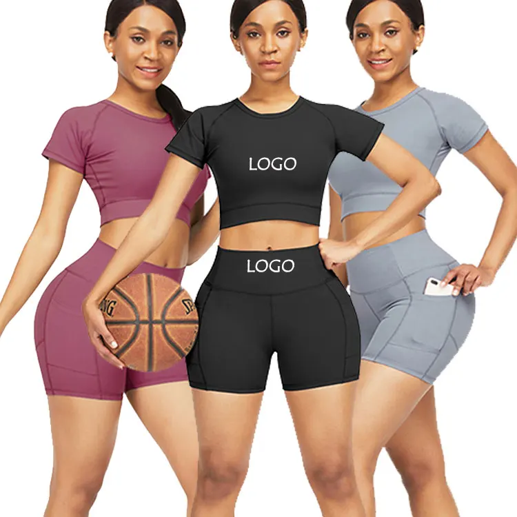 

2020 New High Waist Gym Wear Sport Set Short Sleeve Yoga Women Sets Fitness Two Piece