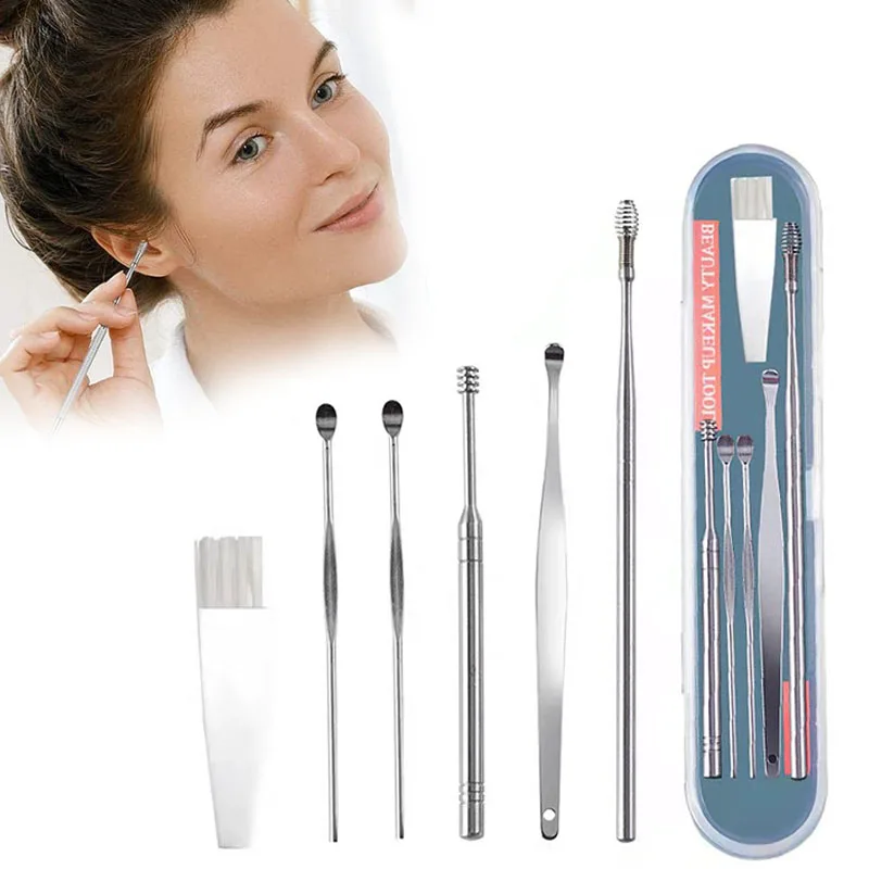 

6 pieces ear spoon cleaner stainless steel ears picking spiral massage cleaning earwax removal tool set