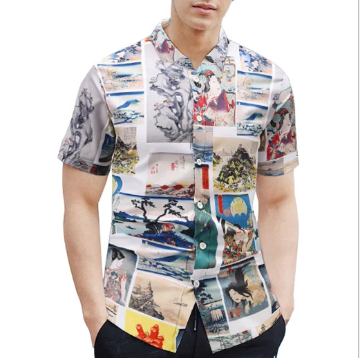 

printed shirt men's short-sleeved plus large size casual cardigan lapel shirt summer youth loose shirt spring and summer