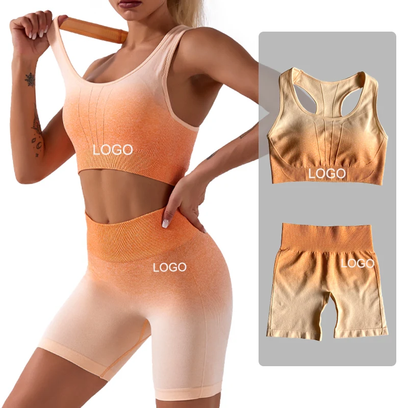

Womens Gradient Color Seamless Active Wear Gym Clothing Suit, 2 Piece Ombre High Waist Yoga Leggings + Cropped Bra Sport Sets