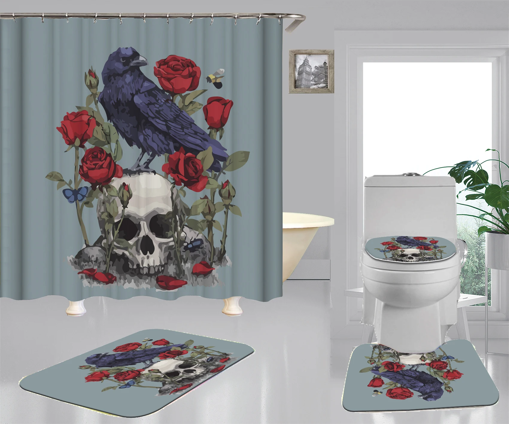 

New Wholesale 3D Festival Bathroom Shower Curtain Polyester New Rose Flower-Skull Waterproof Custom printed shower curtain, Custom-made