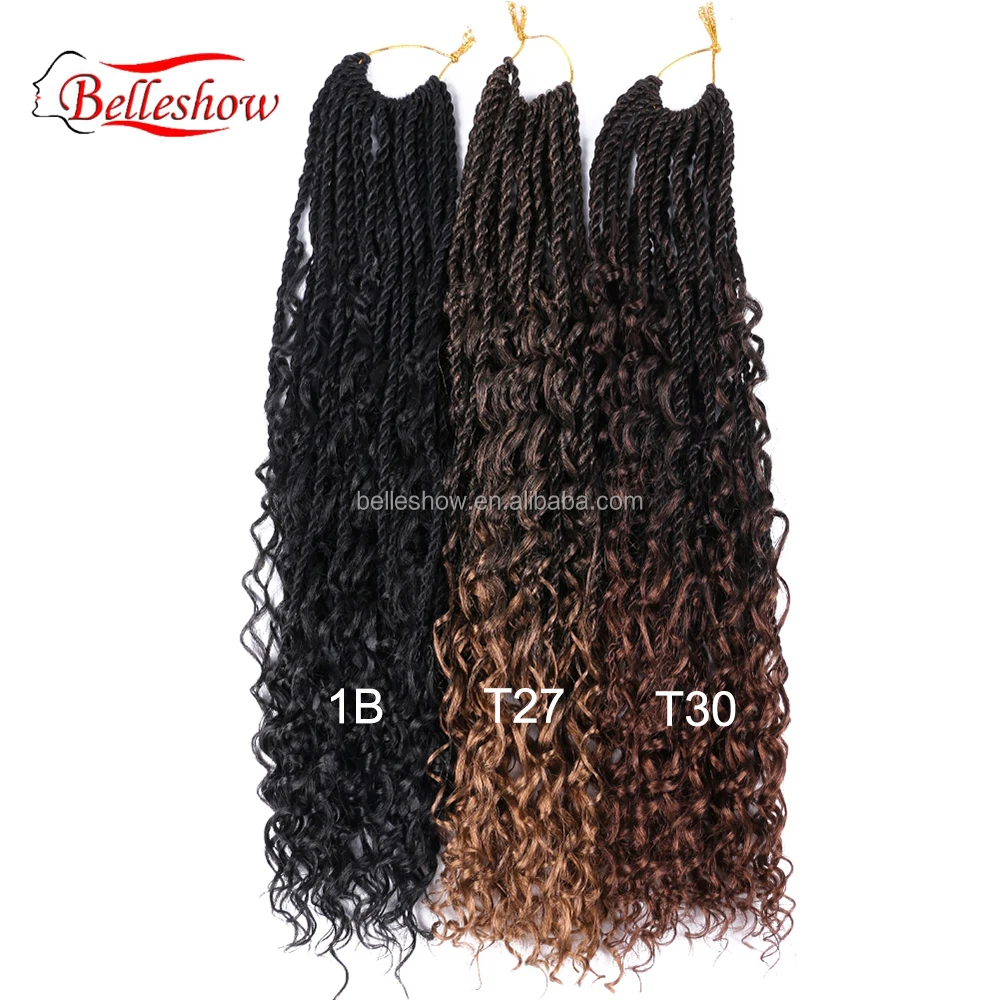 

Belleshow 22" 20Strands/Pack Black Brown Ombre Braiding Hair Extensions Messy Senegalese Twist Crochet Hair With Curly Ends, Natural color