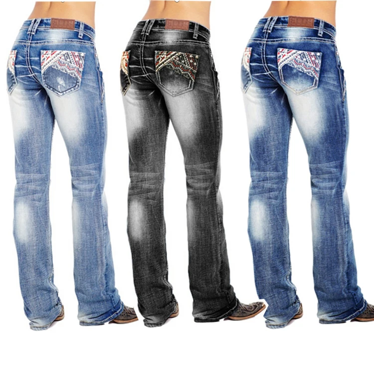 

New Hot Flag Embroidered Midrise Cropped Straigh Casual Jeans Pants For Women