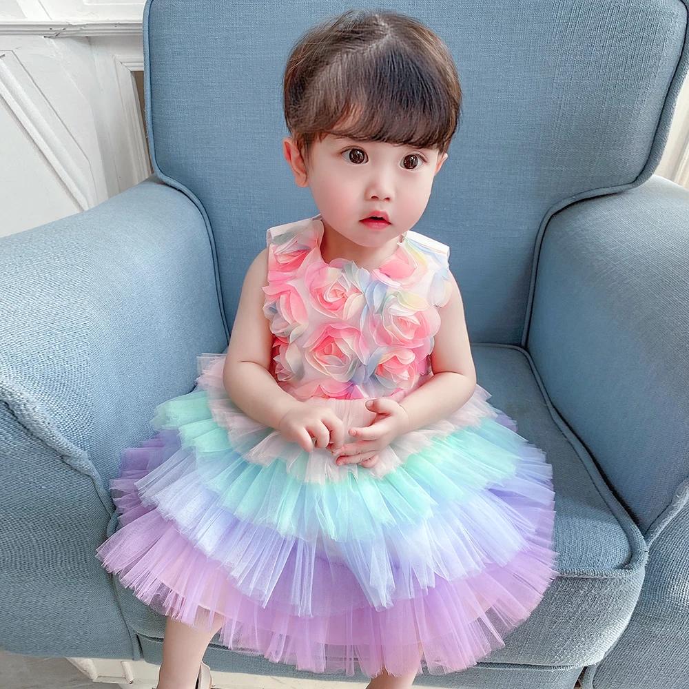 

Toddler Gown Wedding Party Flower Multi Layer 3 Years Baby Girl Birthday Dresses, Pink,green
