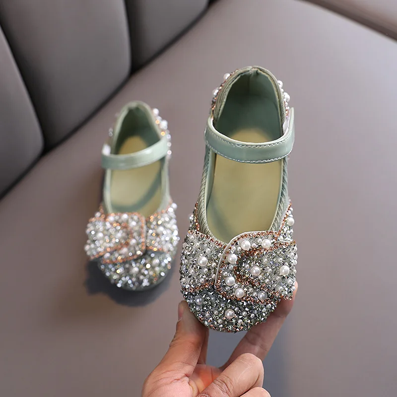 

Hot Sale Sweet Mary Jane Flat Shoes With Bling Crystals and Bow, Black pink green