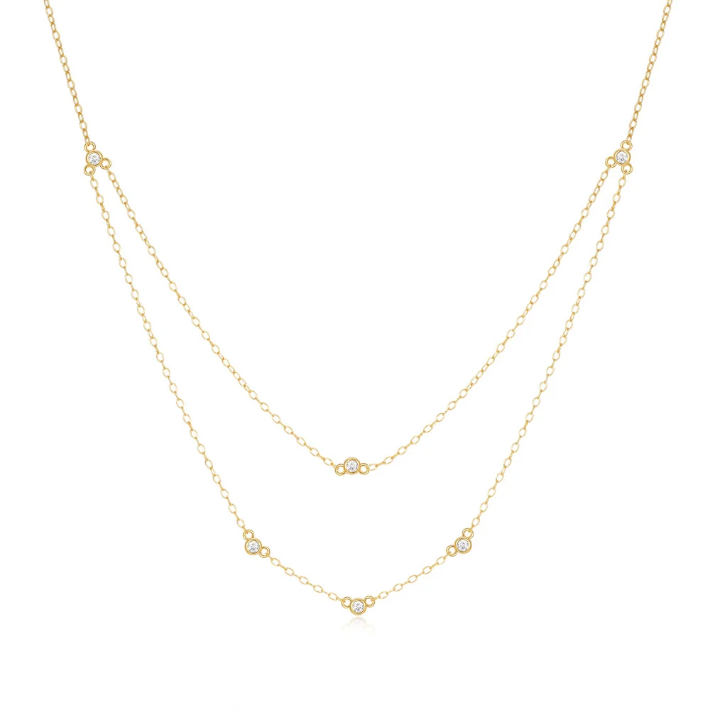 INS Fashion Round Zircon Jewelry 925 Sterling Silver Two Layer Long Tassel Chain Gold Plated Clavicle Necklace Jewelry for Women