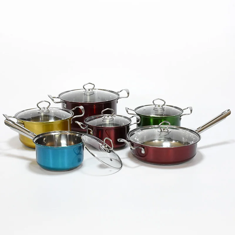 

New products 12pcs cookware set color stainless steel cooking pot set for kitchen, Colors