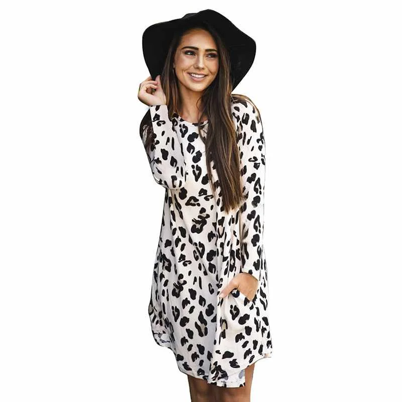 

New Fashion Style Hot Sell Women Cute Long Sleeve Loose Leopard Dress With Pockets