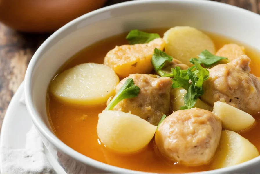 Authentic chicken ginger soup in white ceramic bowl with fresh ginger slices and green onions