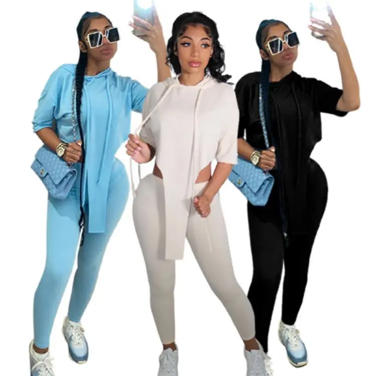 

Hot Selling Solid Color Short Sleeve Hooded Tracksuit Sweatshirt 2021 Summer Two Piece Pants Set Women 2 Piece Set Clothing