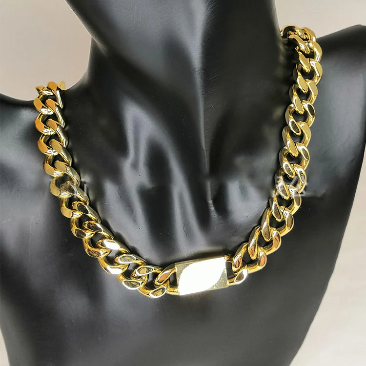 

2021 Sailing Jewelry 18K Gold Titanium Steel 12mm Hip Hop Punk Glossy Square Buckle Thick Chain Necklace