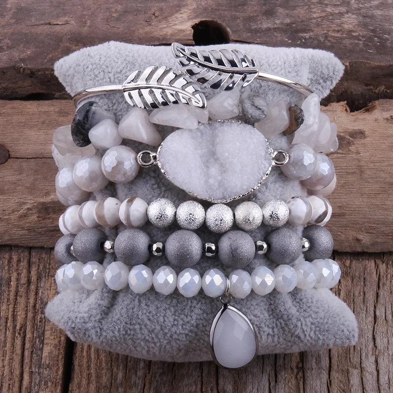 

Crystal Beads Alloy leaf bangle 6 Piece Chip Beaded Bracelet Set White Druzy Stack Bracelet, Mix