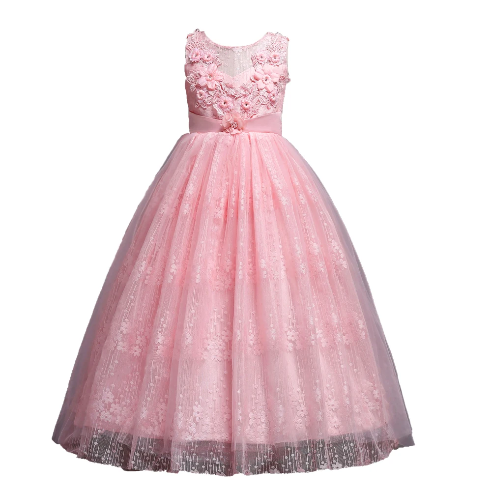 

embroidery girls evening dress multi-layer mesh long children's party dress sleeveless round neck girls dress