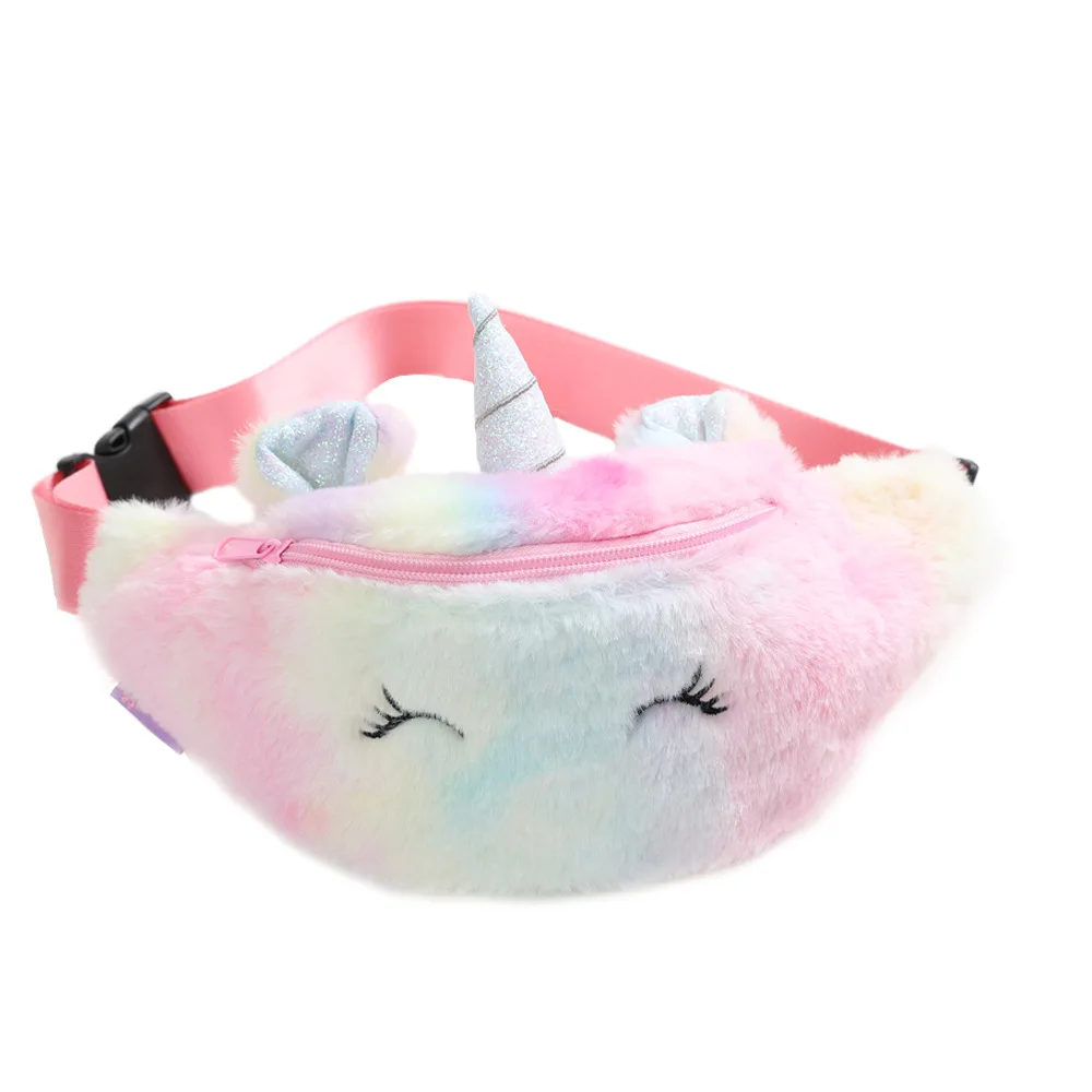 

Hot Sale Little Girl Warm Colorful Rainbow Plush Soft Unicorn Fanny Pack Kids Bum Bags Ladies Cute Waist Bag, As pictures