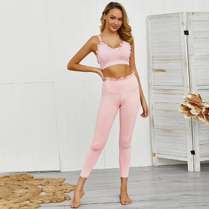 

Wholesale Gym Slim Elegant Pants Top Ruffled Bra Yoga Suit Sports Fitness Vest Leggings Women Solid Color Two Piece Set