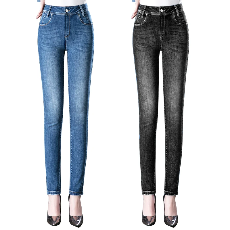 

New women's washed fashion jeans clothes high waist tight pencil pants plain trousers spring and autumn processing Denim, Blue,black