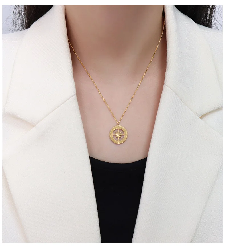 

Retro 18k gold plated Stainless Steel Jewelry Eight-star pendant necklace female clavicle chain necklace