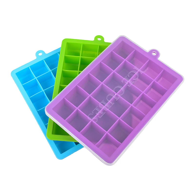 

High quality 24 Holes Rectangle Soft Durable Non-toxic Food grade Silicone Ice Cube Tray Mould With Lids, Purple,blue,green,red,yellow,black