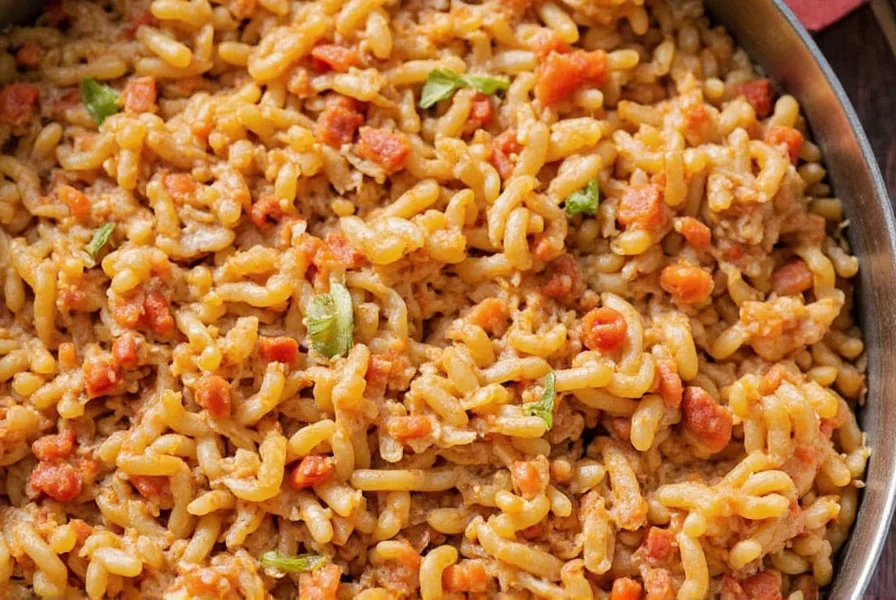Laid-out ingredients for jambalaya including sausage, vegetables, and spices