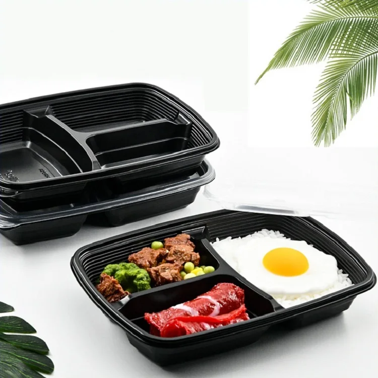 

Disposable Lunch Box Square Three Grid Plastic Black Transparent Fast Food Lunch Box Takeaway Packed Lunch Box