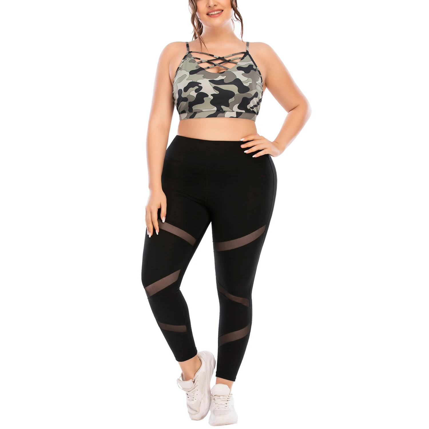 

2021 Women Camouflage Yoga Wear 1X-3Xx Lady Workout Clothing Sets 2pcs XXXL Activewear Fitness Ladies Plus Size GYM Sets