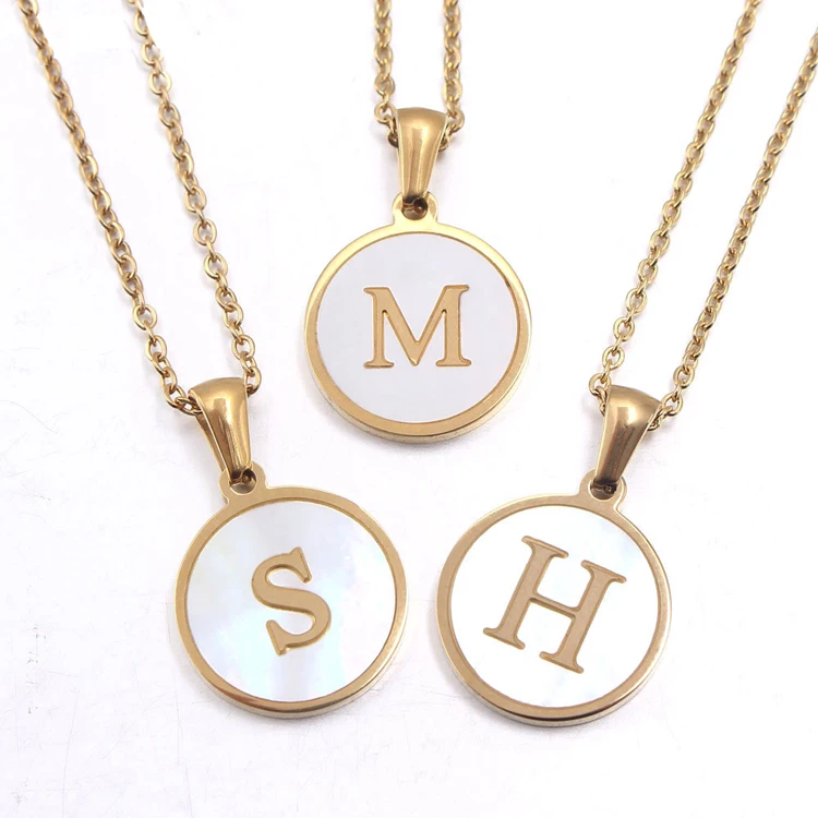 

factory price stainless steel round shell a-z Initial necklace gold plated letter necklace, Silver,gold,rose gold,black