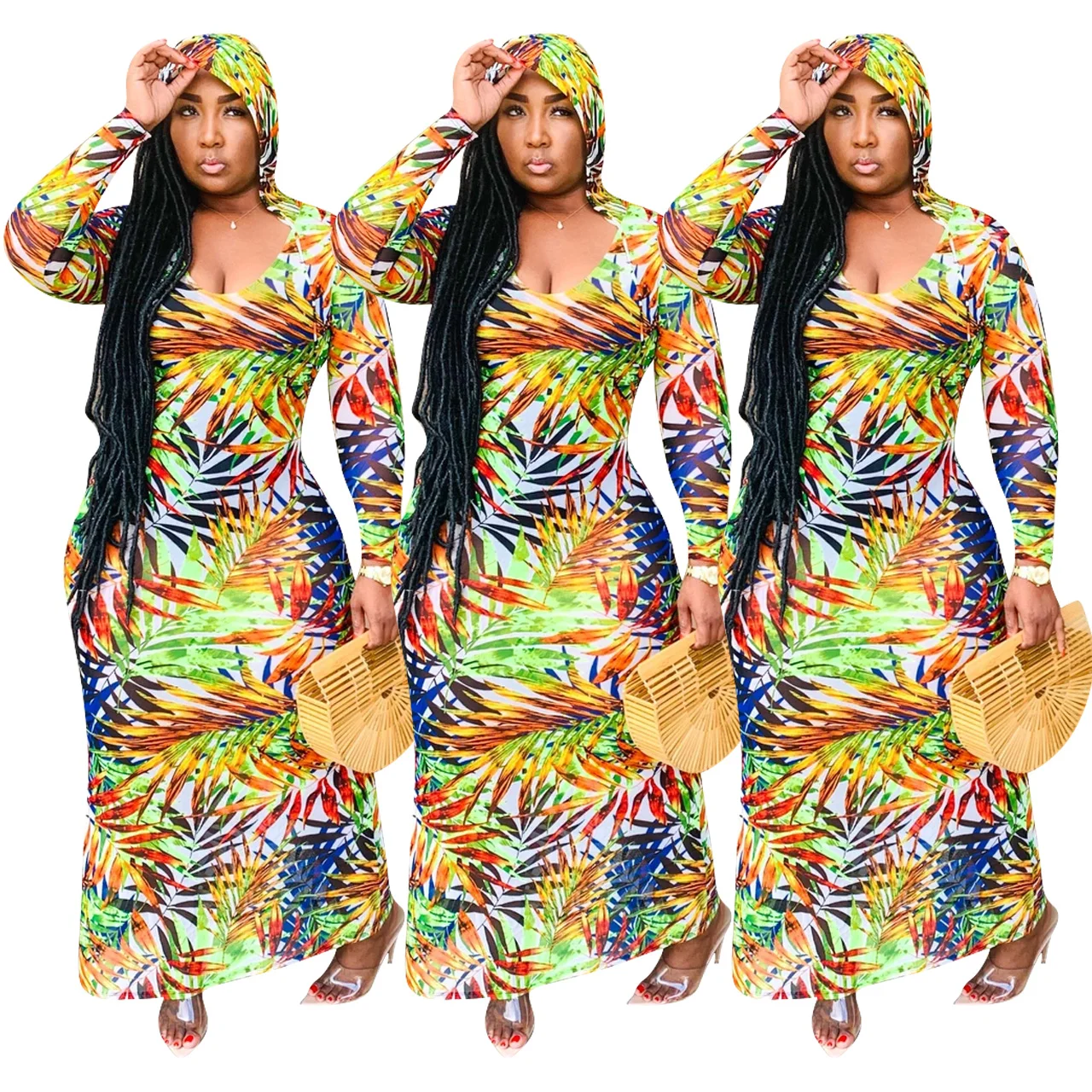 

New Arrival Ladies Deep V-neck Colorful Printed Slim Fit Hoodie Dress Fashion Women Long Sleeve Casual Boho Maxi Dress, As picture