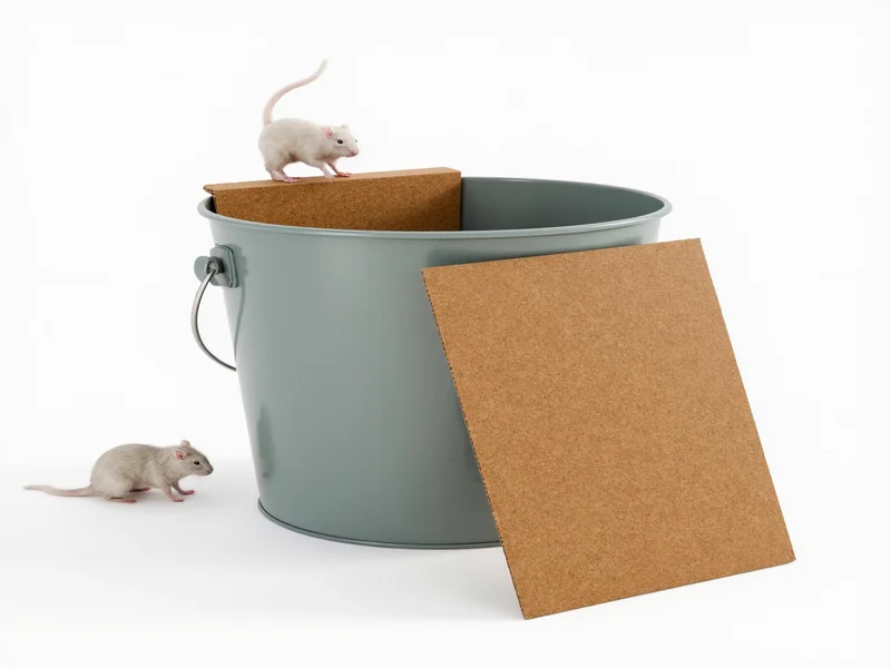 Bucket rodent trap setup with cardboard ramp
