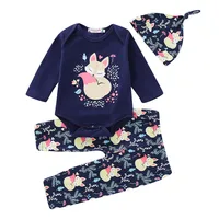 

Wholesale boutique newborn baby girl clothes cotton blue romper + fox printing pant +hat 3pcs girls outfits