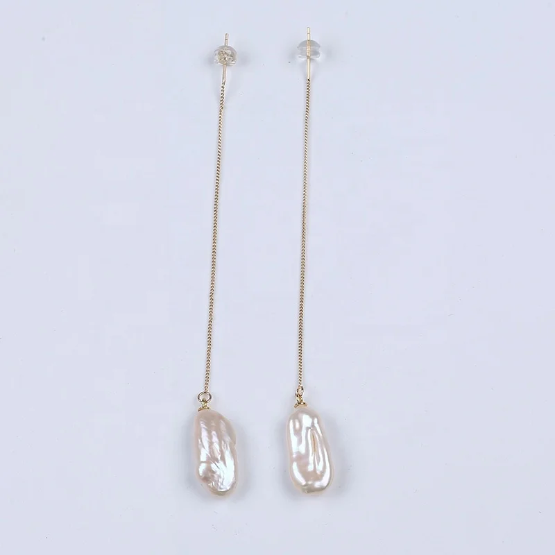 

9-10mm Biwa Pearl Earrings Women Jewelry Long Stainless Steel Chain Earrings, White