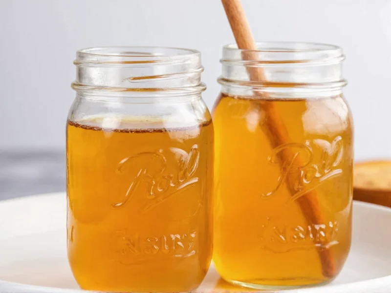 Finished homemade maple syrup in mason jars with wooden spoon