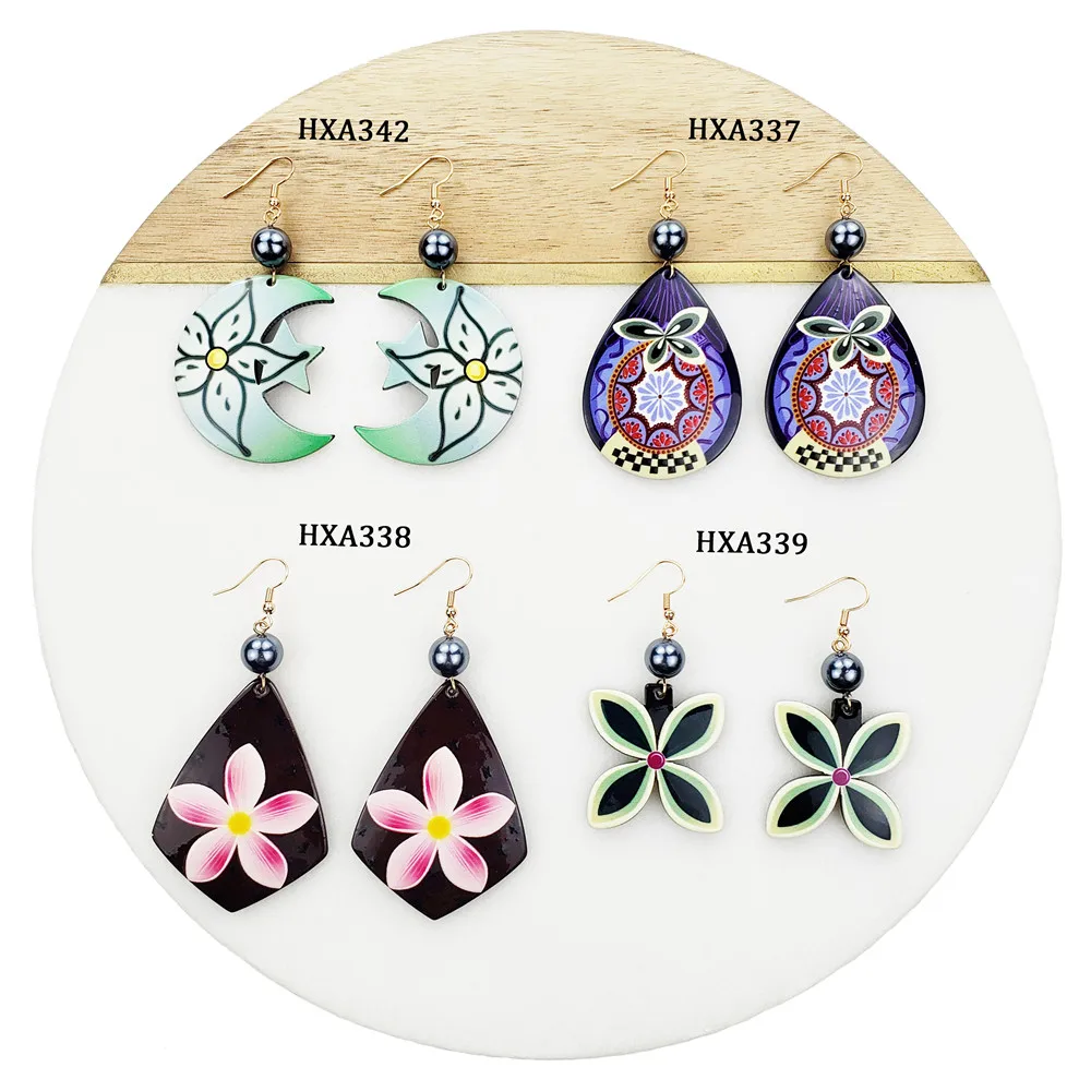 

New Fashion Women Hawaiian Teardrop Sweet Colorful Acrylic Flower Pattern Black Pearl Earrings, Customized color