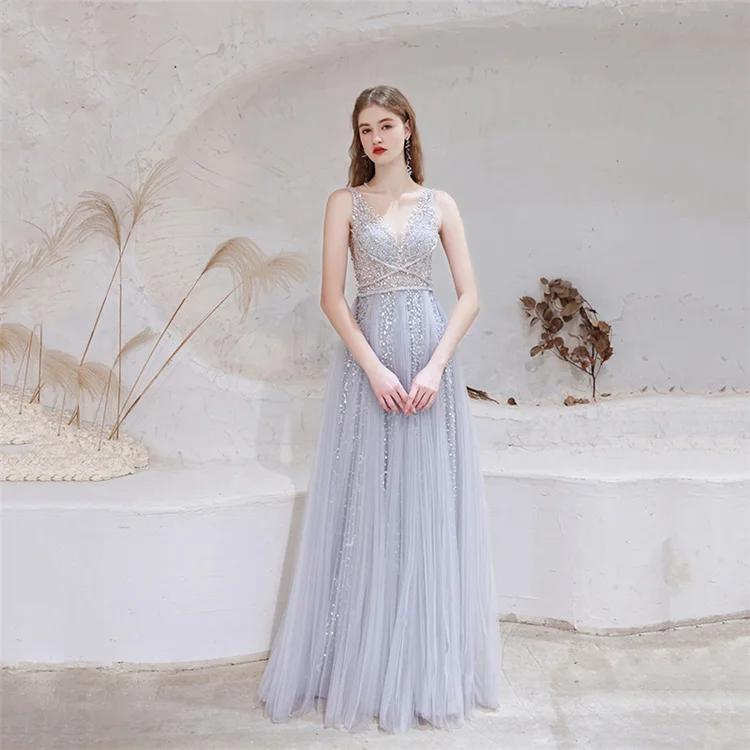 

Fabulous Graceful Women Sleeveless Sparkling Sexy V-neck Backless Luxury Dinner Gown Evening Dresses With Long Shawl